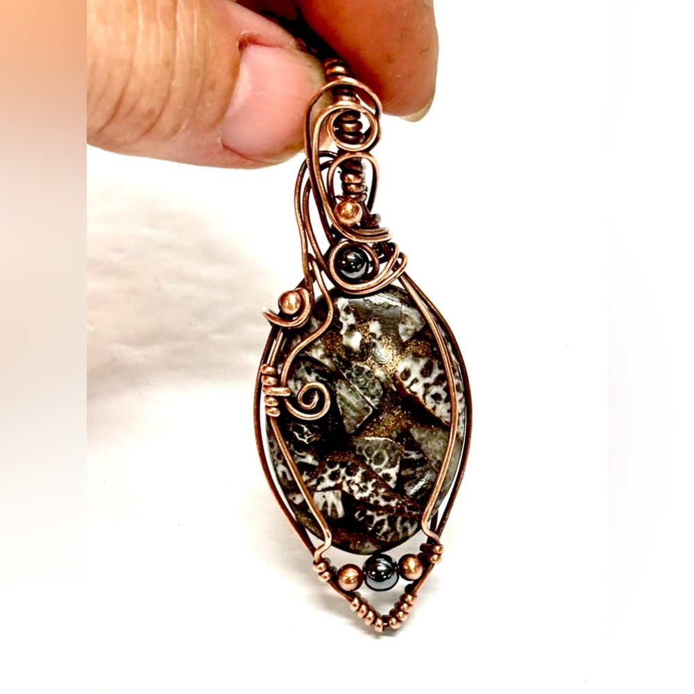 HAND CRAFTED Black Fossil Composite Wire Wrapped Copper Pendant Necklace